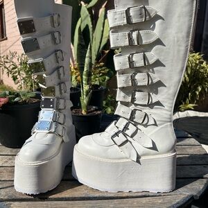 Demonia White Platform Buckle Boots